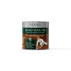 Side view of Fiddes Satin Finish Hard Wax Oil 250 ml, Ultra Raw, displaying the product's size and label details.
