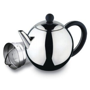 Café Ole ST-035X Rondo Stainless Steel Tea Pot Easy Pour Teapot with Infuser Basket 35oz 1000ml , Black Bakelite Handle