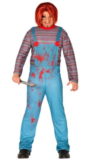 FIESTAS GUIRCA | Killer Doll Fancy Dress - Jumpsuit Costume for Halloween, Carnival and Horror Parties - Ideal for Teens and Adults - Blue and Multicolour