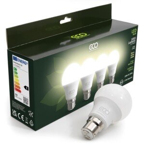 ECO 2 PIN B22 Bayonet Light Bulb, 9.5W LED Energy Saving Light Bulb, Bright 75W Bulb Equivalent, Warm White 3000K, 15000Hrs Lifetime. 4 x Pack (Pack of 4 Bulbs).