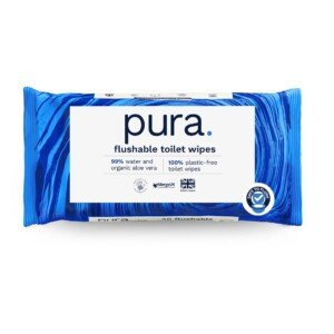 Pura Flushable Moist Toilet Tissue Wipes, 1 Pack of 40 Wet Wipes, 100% Plastic Free, 99% Water Clean Washlets, Certified ‘Fine to Flush’ Biodegradable, Compostable, Vegan, Gentle Clean