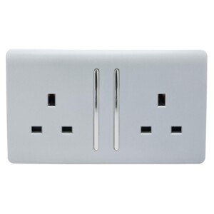 Trendi 2 Gang Raised Artistic Modern Glossy Screwless 13 Amp Single Pole with Chrome Switched UK Standard Electrical Double Wall Plug Socket in Platinum Silver - ART-SKT213LSI
