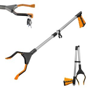 Litter Picker, 32" Long Arm Foldable Litter Grabbers for Disabled & Adults, Heavy Duty Rubbish Picker with Embedded Magnet, Lightweight Rotating Jaws Grabber Stick Reaching Aids (Orange)