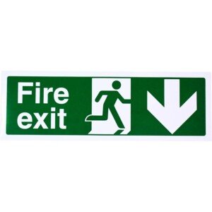 V Safety Fire Exit Arrow Down Sign - Landscape - Green - 450 mm x 150 mm - Self Adhesive Vinyl