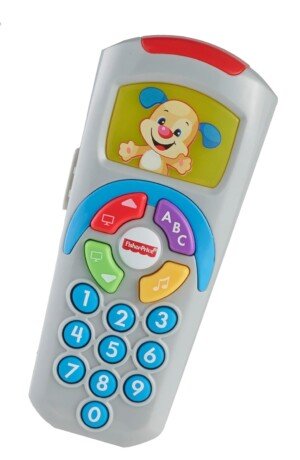 Fisher-Price Laugh and Learn Remote, light-up screen, UK English Version, push buttons and 35+ sing-along songs, tunes & phrases, Baby learning toy, early development, English version DLD30