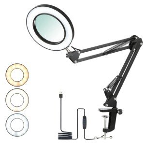 Tomshine Magnifying Desk Lamp with Clamp, 8X Magnifier Lamps 3 Colors & 10 Brightness Dimmable Magnifying Glass Led Lamp, 19 Inch Adjustable Swivel Arm Lamp Craft Light
