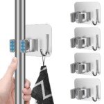 Front view of Zuvo Broom Holder Wall Mounted, 4-Pack showcasing stainless steel construction