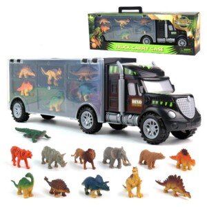 Dinosaur Toys for Boys Girls - Kids Toys Transport Carrier Truck with Dinosaur Animals Toy 12 Pcs Double Side Storage Set Birthday for Kids Boys Girls 3 4 5 6 Years Old