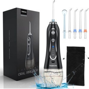 Cordless Water Flosser, Portable Dental Professional Oral Irrigator with Gravity Ball, Powerful Travel Water Teeth Cleaner with 5 Levels 5 Tips IPX7 Waterproof, 300ML for Home, Travel, Black