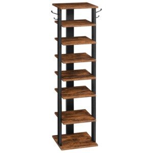 HOOBRO Shoe Rack Wooden, Tall Shoe Rack, Narrow Shoe Storage Organizer with 2 Hooks, Slim Narrow Shelf, Vertical Tower for Entrance, Living Room, Hallway, Industrial, Rustic Brown EBF07XJ01G1