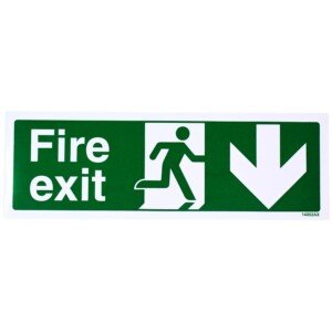 V Safety Fire Exit Arrow Down Sign – Self-Adhesive Vinyl Safety Sign, Landscape 300 × 100 mm – Green Emergency Exit Signage for Doors, Corridors & Stairwells – EN ISO 7010 Compliant