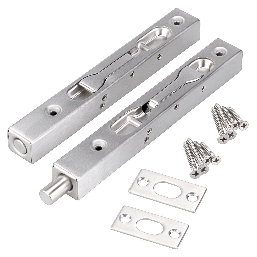 IGNPION Pack of 2 Door Flush Bolt Latch Lock Concealed Door Bolt Security Lever Action 304 Stainless Steel Brushed Slide Latch with Strike and Screws - Perfect for Wooden French Doors (15cm in Length)