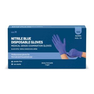 Amazon Basic Care Nitrile Blue Disposable Gloves, Powder-free, Size M, 100 Count (Previously Hevea Brand)