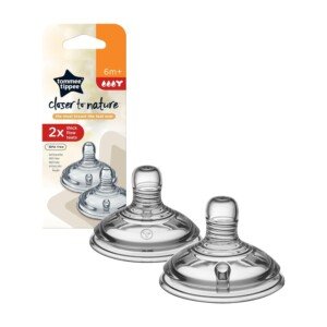 Tommee Tippee Closer to Nature Baby Bottle Teats, Breast-Like, Anti-Colic Valve, Soft Silicone, Thick Flow, 6m+, Pack of 2