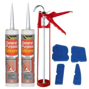 Front view of Swiflee and Co's Clear Silicone Sealant Anti Mould Kit - Bundle with 11 Inch Caulking Gun and tools