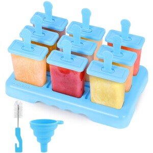 Ice Lolly Moulds with Sticks, 9 Cavities Popsicle Mould, Food Grade BPA-Free Ice Pop Moulds, DIY Ideas Ice Lolly Moulds with Cleaning Brush, A Funnel