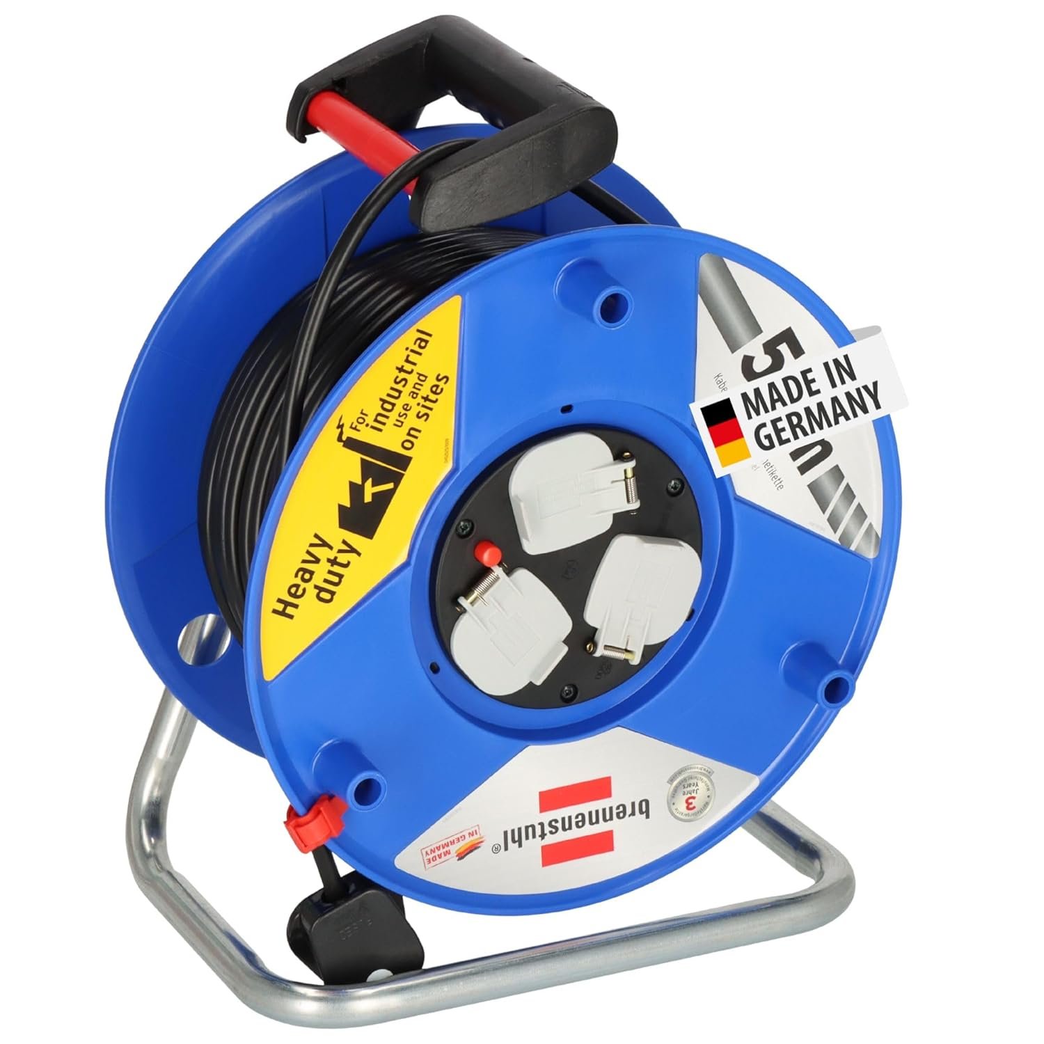 Brennenstuhl Garant 3-way socket outlet Cable Reel (Extension lead with 50m cable length, with thermal cut-out protection, ergonomic handle, cable colour: black)