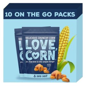 LOVE CORN Sea Salt Crunchy Corn Snack | 45g x 10 Bags | Low Sugar, Vegan, Gluten-Free, Kosher | Simple Ingredients | Lunchbox or On-The-Go Treat | Crisps & Nuts Alternative | Healthy Graze | UK Made