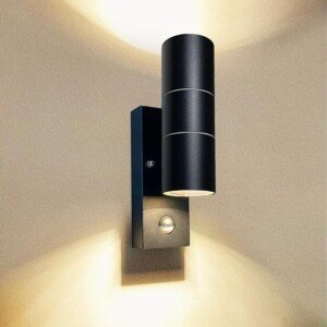 Outdoor Wall Lights PIR Motion Sensor Outside Light Mains Powered Wall Lamp IP44 Security Lighting Black, Incl. 2X 5W GU10 LED Bulbs Warm White