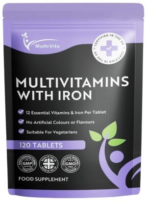 Multivitamins with Iron – 12 Essential Vitamins & Iron – Immune, Energy & Skin Support – 1-a-Day for Men & Women – 120 Tablets – 4 Month Supply – Vegetarian – Made in UK