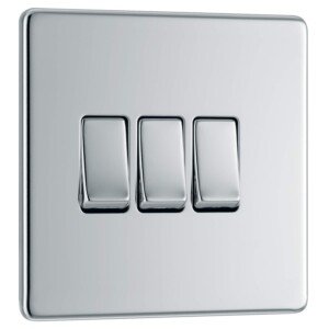 BG Electrical Triple Wall Light Switch, 2 Way, Screwless Front Plate, Slim Profile, Premium Flatplate, Polished Chrome, 20A, 16AX, FPC43