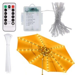 Parasol Lights, 8 Modes Patio Umbrella Light With 104 LEDs, Waterproof Battery Powered or USB Port, Dimmable With Timer Remote Control for Outdoor Garden Decor (Warm White)