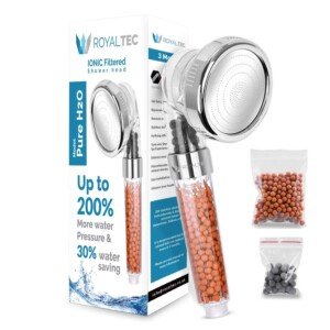 ROYALTEC Ionic Shower Head – High Pressure, Water Saving, Filtered Shower Head with 3 Spray Modes – Hard Water Filter, Softens Water – Universal Fit
