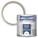 Front view of Johnstone's - Interior Wood and Metal Paint - Eggshell Finish - Brilliant White - 2.5 L, showcasing the label