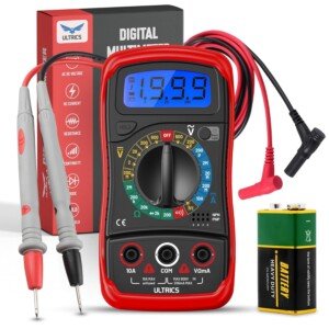 Back view of the ULTRICS Digital Multimeter highlighting the compact design and battery compartment