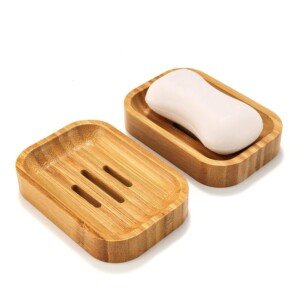 Pack of 2 Natural Wood Bamboo Soap Dish Holder for Bathroom Kitchen Sponges Accessories Storage