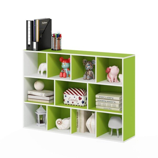 Furinno LUDER Book Shelf, 11-Cube Bookshelf, Reversible Bookcase, 9.4 x 29.1 x 41.7, for Living Room, Bedroom, Home Office, White/Green