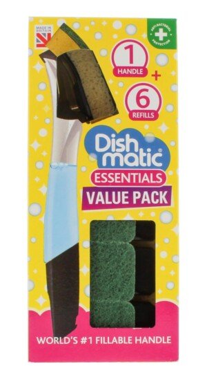 Dishmatic Refillable Washing-Up Liquid Dispensing Handle x1, Antibacterial Easy-Grip Kitchen Washing-Up Tool, with Replaceable General Purpose Sponge Heads x 6