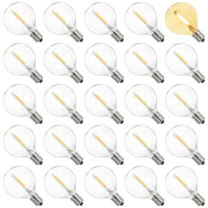 Tomshine 25 Pack LED E12 Edison Screw Globe G40 Bulbs 2200K Warm White Clear Glass Bulbs Replacement for String Lights Indoor Outdoor Decoration IP44 Waterproof(AC220V-240V)
