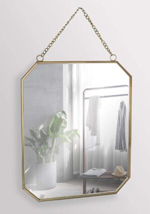 Rectangular Gold Metal Framed Mirror 25cm x 19cm in Portrait Aspect with Hanging Chain - Stylish Decor for Living Room, Kitchen, Bedroom, Bathroom, and Hallway. Vintage and contemporary