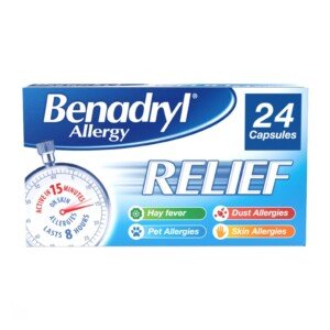 Benadryl Allergy Relief Capsules (1 x 24), Antihistamine Capsules with Acrivastine, Hayfever Tablets for Relief, Suitable for Pet, Dust, and Skin Allergies