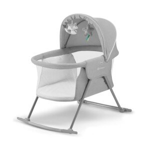 Kinderkraft LOVI Baby Crib 3 in 1, Cradle, Travel Cot, Rocker, Easy Folding and Unfolding, Adjustable Canopy, with Accessories, Mattress Cover, Included Toys, Transport Bag, for Newborn, 0-9 kg,Gray