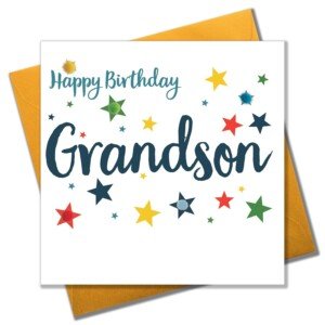 Happy Birthday Grandson Card, Stars design Birthday Greeting Card, Embellished with colourful Pompoms