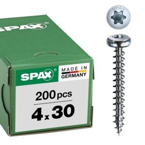 SPAX Universalschraube, 4,0 x 30 mm, 200 Pieces, T-STAR plus, half round head, full thread, 4CUT, WIROX A3J, bright galvanized, 0201010400303