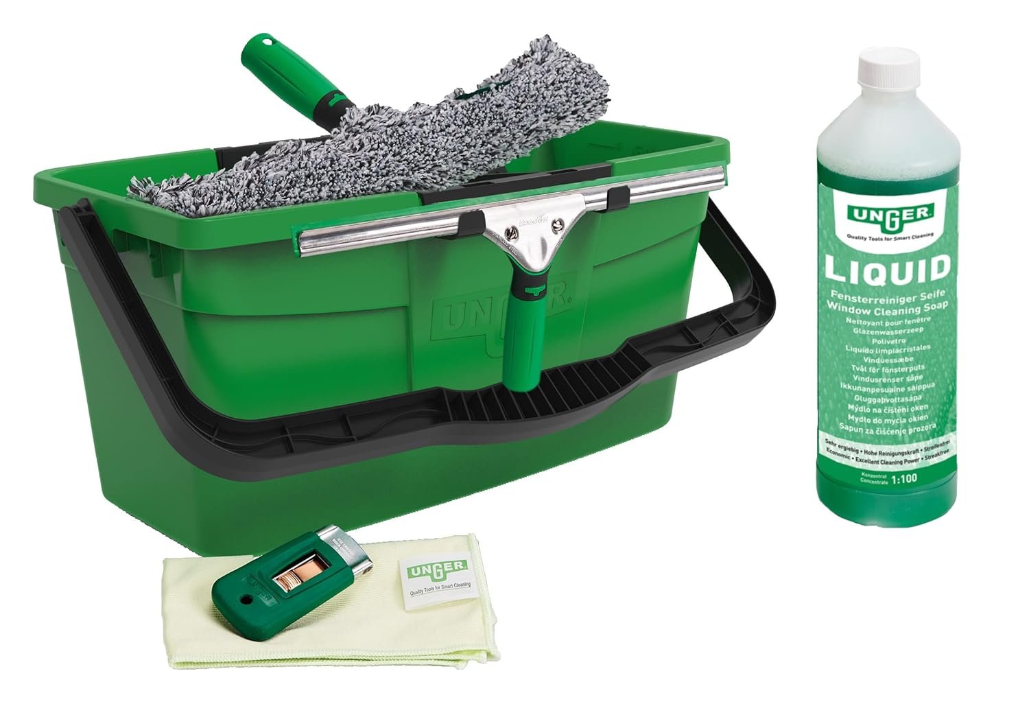 UNGER Window Cleaning Kit PRO Set - Power Washer Sleeve, ErgoTec Squeegee, Bucket 12L, Liquid Glass Cleaner 1L, Safety Glass Scraper, Microfibre Cloth - Professional Window Cleaner Equipment