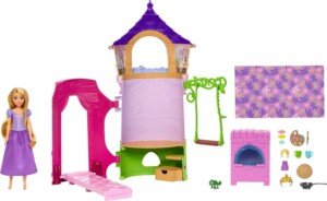 Disney Princess Toys, Rapunzel Posable Doll and Tower Playset with 360 Play, 6 Play Areas and 15 Accessories, Inspired by the Disney Movie, HMV99