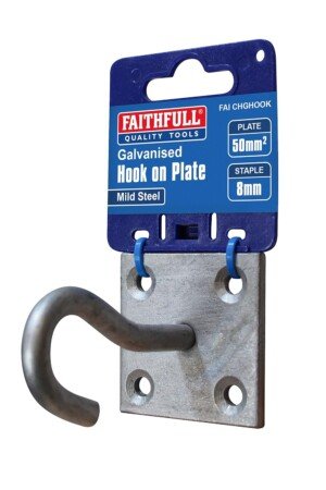 Faithfull FAICHGHOOK 8 mm (Dia) Galvanised Steel Hook On Pre-Drilled Plate (50 x 50 mm),Silver