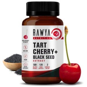 RAWYA Nutrition Tart Cherry Extract Capsule - Enhanced with Black Seed Extract, 120 Capsules, 500 mg per Capsule, Antioxidant, Helps to Sleep, Immune System Booster, Gluten Free, Halal, Vegan