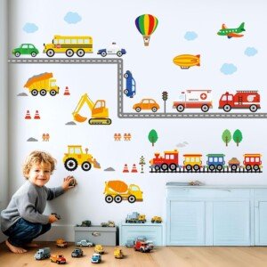 DECOWALL DS-8047 Construction Vehicles Road Wall Stickers Truck Excavator Cars Transportation Decals for Kids Boys Bedroom Nursery Playroom Living Room Art Decor Removable
