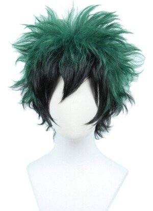Linfairy Anime Cosplay Wig Short Black Green Halloween Costume Curly Wig for Unisex