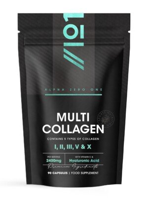 Multi Collagen 2400mg – Types I, II, III, V & X – 90 Capsules – Wild Caught Marine, Grass Fed Bovine, Eggshell & Free-Range Chicken Collagen Powder, with Hyaluronic Acid & Vitamin C – by Alpha01