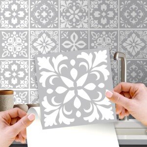 WALPLUS Grey Stick on Tiles Kitchen Splashbacks 15x15cm(6") Self Adhesive Removable Tile Stickers for Bathroom Peel and Stick Backsplash Kitchens Stairs Decals Upgrade 24 PCS
