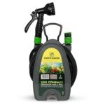 Front view of the CUQOO Green Haven Garden Hose Pipe Reel – 10m / 32ft with 7-pattern spray nozzle, ideal for small gardens