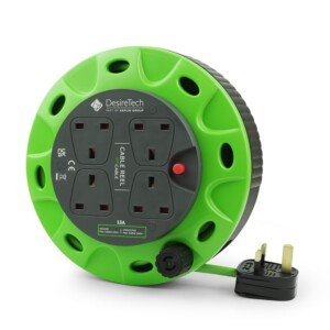 Front view of Desiretech - 4 Socket Extension Lead - 5m Portable Cable Reel with ergonomic handle in green and black