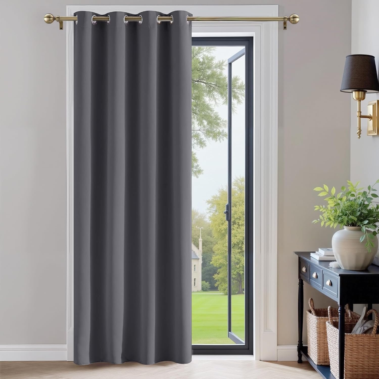 PONY DANCE Blackout Curtain with Eyelet - Grey 52 x 84 Inch Long Door Curtain for Bedroom Thermal Insulated Soundsproof Privacy Single Drape for Living Room, 1 Panel, Gray