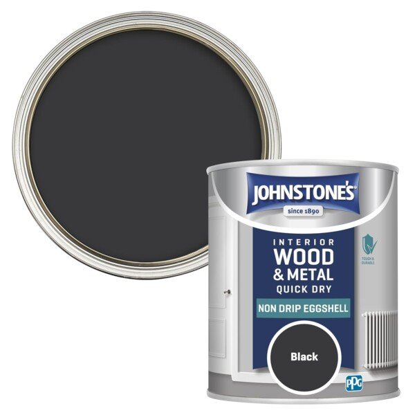71FVQQY4YEL._SL1500_ Side view of Johnstone's - Quick Dry & Nondrip Eggshell Paint for Wood & Metal - Black, highlighting the can's design.